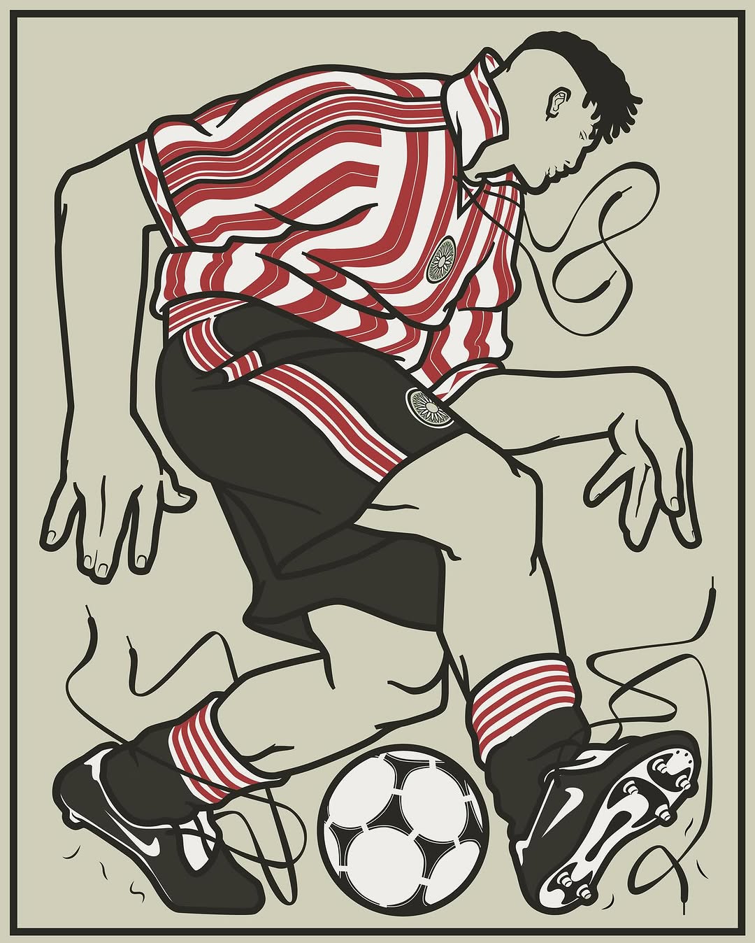 Illustration of a soccer player in a striped jersey kicking a soccer ball, complete with detailed linework and vintage aesthetic.