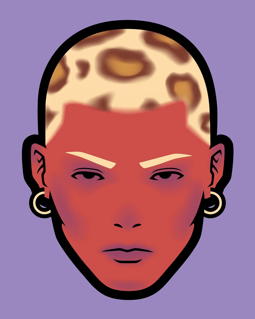 Illustration of a person with a strong gaze, leopard print blonde hair, and gold earrings, set against a soft purple background.