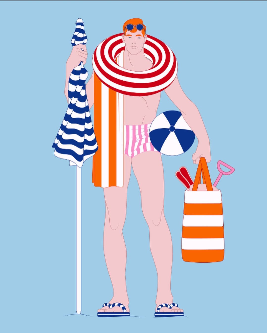 Illustration of a man at the beach wearing sunglasses and a striped swimsuit with a beach umbrella and tote bag.
