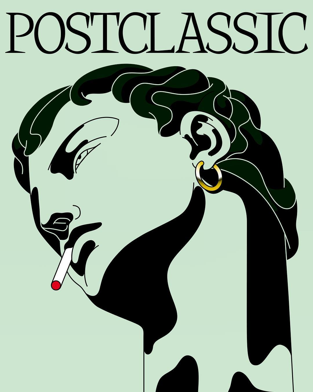 Stylized illustration of a person with dark hair smoking a cigarette, set against a light green background with the text 'POSTCLASSIC'.