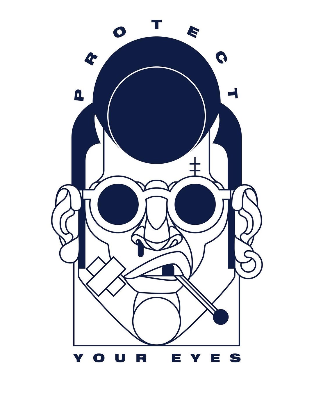 Illustration of a person with geometric features, wearing glasses and bandages, with the text 'Protect Your Eyes'.