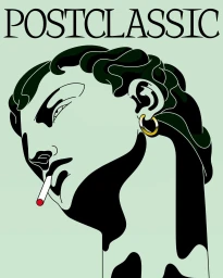 Stylized vector illustration of a profile head smoking a cigarette against a pale green background with the text POSTCLASSIC above