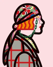 Profile illustration of a woman wearing a patterned headscarf, glasses with a green chain, and a plaid coat.