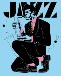 Illustration by Ruben Gerard of a kneeling man playing a saxophone against a light blue background with bold typography above