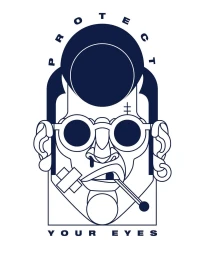 Illustrated graphic portrait of a stylized face wearing round glasses and holding a stick in the mouth by Ruben Gérard