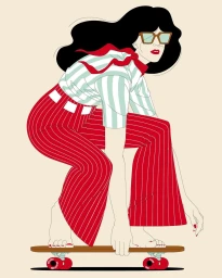Illustration of a woman with black hair wearing striped shirt and red trousers riding a skateboard by Ruben Gérard