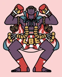 Illustration of a muscular boxer wearing red gloves, cape, and ornate shorts against a solid pink background by Ruben Gérard