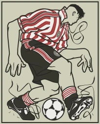 Illustration of a male soccer player dribbling a football, wearing a striped jersey and shorts against a neutral background.