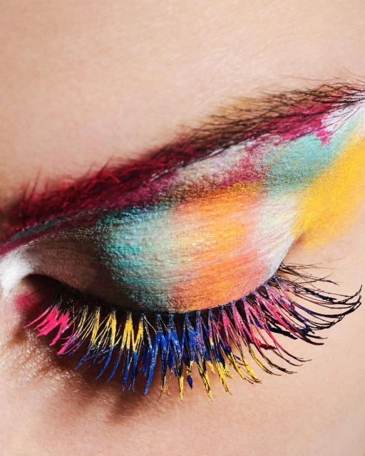 Close-up of a closed eye with vividly colored makeup applied to the eyelid and eyelashes in shades of pink, yellow, and blue.