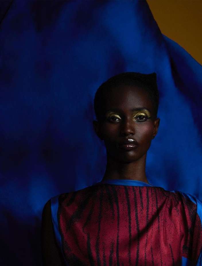 Close-up portrait of an African woman with gold eyeshadow, wearing a maroon and blue top, posing against a draped blue and yellow background.