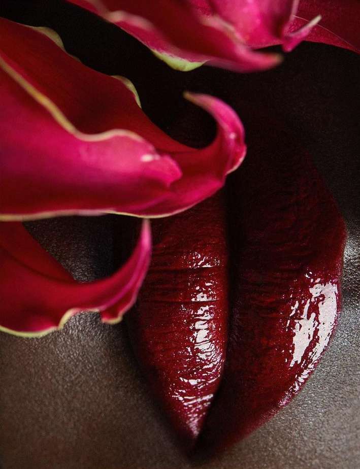 Close-up of red and pink lily petals with water droplets, glossy lips visible, set against a dark, blurred background, studio lighting.