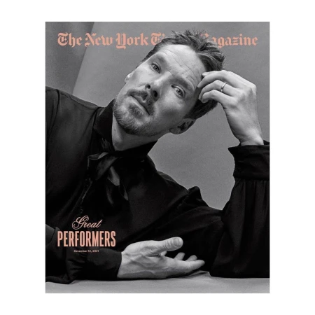 Portrait of actor Benedict Cumberbatch by photographer Ruven Afanador for The New York Times Magazine in black and white.