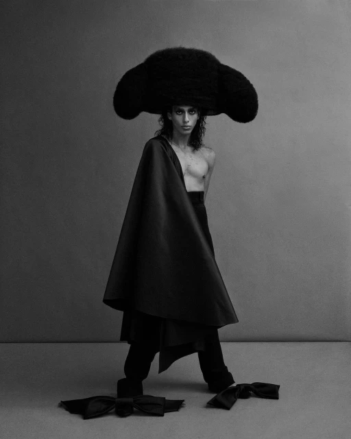 Striking black and white portrait of a person with a large, fluffy hat, draped fabric, and bows, set against a neutral backdrop.