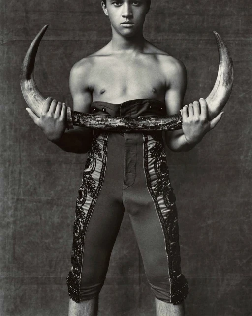 Monochromatic portrait of a young man holding bull horns, wearing traditional torero-style pants, against a textured background.