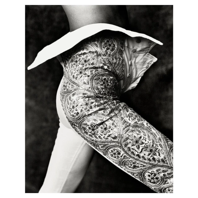 Close-up of a matador in costume featuring a heavily embroidered jacket with silver accents. The image has a monochromatic tone.