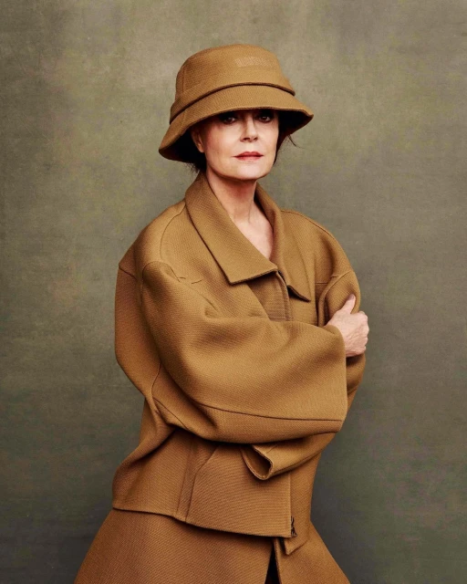 Elegant woman in a tan coat and bucket hat, arms crossed, in a studio portrait against a muted green background. Fashion editorial.