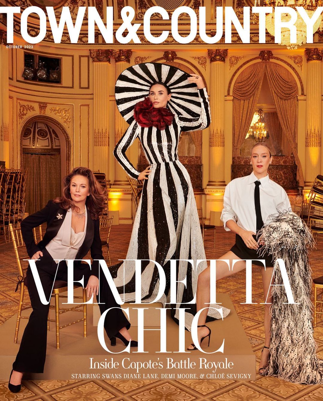 Magazine cover of Town & Country featuring three women in formal attire, set in an ornate, gilded interior with text overlays.