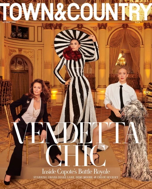 Magazine cover of Town & Country featuring three women in formal attire, set in an ornate, gilded interior with text overlays.