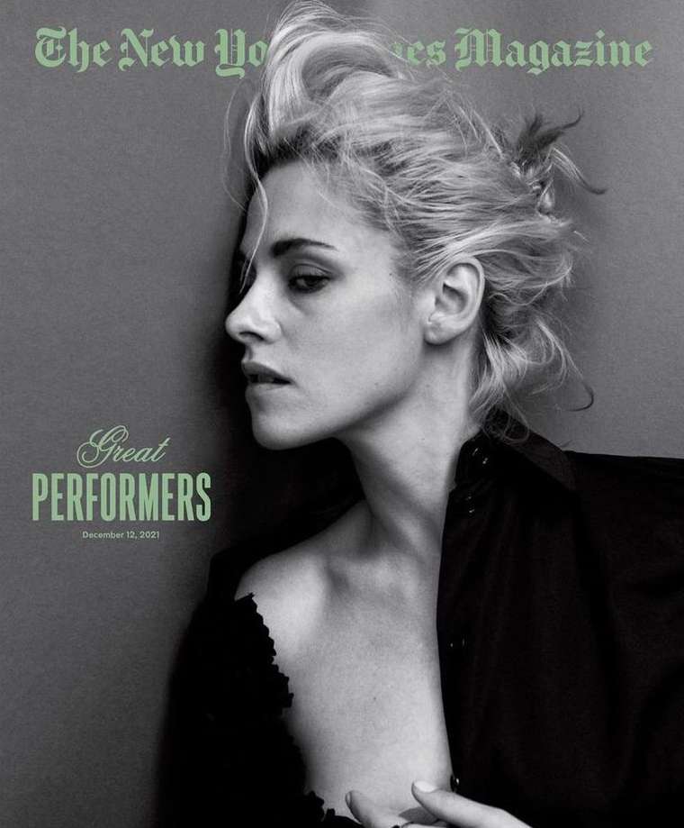 Black and white portrait of Kristen Stewart on the cover of The New York Times Magazine, profile pose with loose hair and open black shirt.