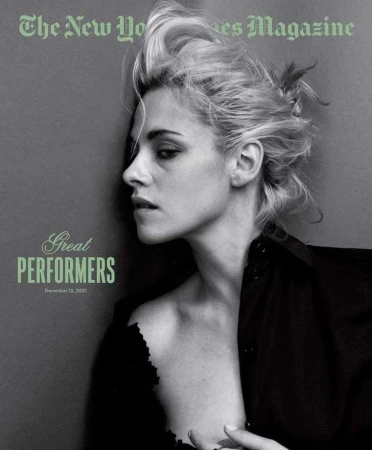 Black and white portrait of Kristen Stewart on the cover of The New York Times Magazine, profile pose with loose hair and open black shirt.