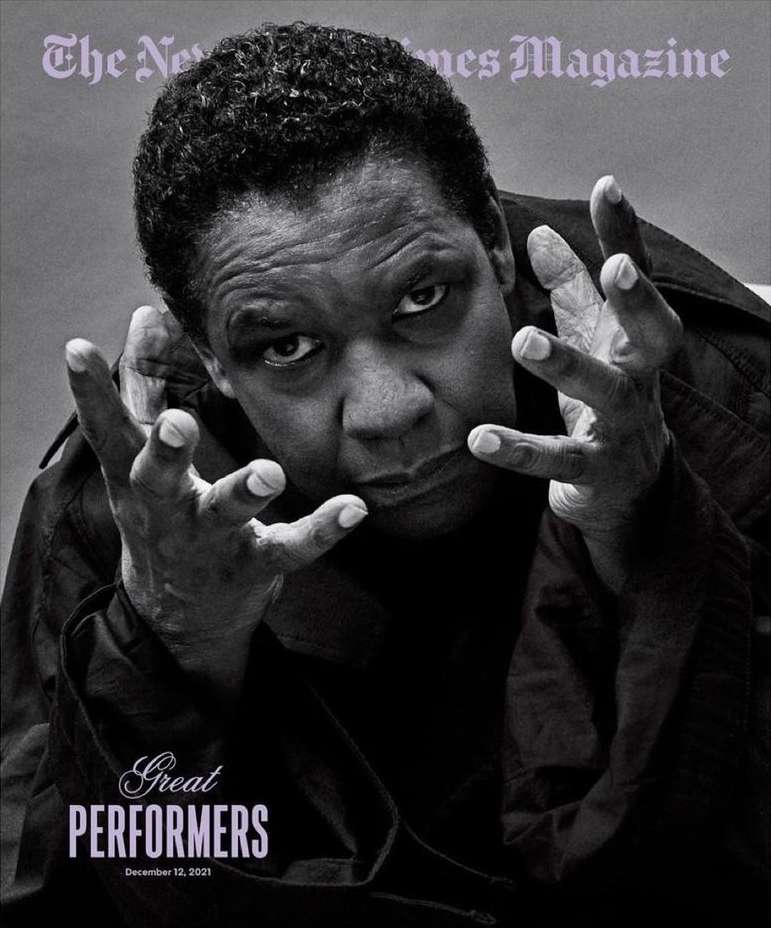 Black and white magazine cover featuring Denzel Washington in dramatic pose with outspread hands, moody lighting, and 'Great Performers' text.