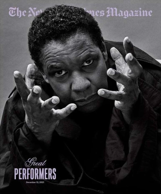 Black and white magazine cover featuring Denzel Washington in dramatic pose with outspread hands, moody lighting, and 'Great Performers' text.