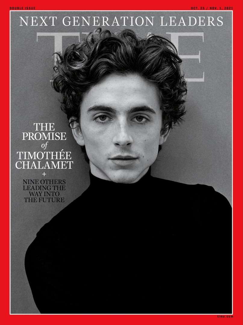 Timothée Chalamet on a Time magazine cover, Oct. 22-May 1, 2021. He has curly hair, wearing a black turtleneck against a gray backdrop, editorial.