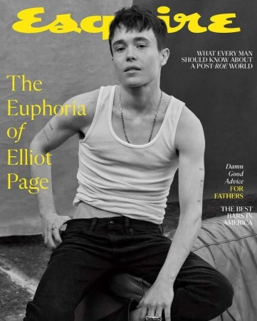 Esquire magazine cover featuring Elliot Page wearing a white tank top and black jeans, seated, with the magazine logo in yellow at the top.
