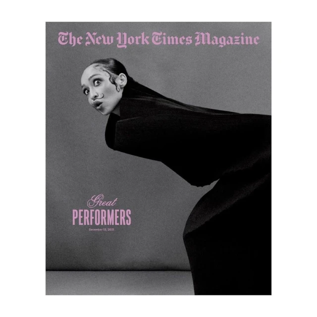 Magazine cover featuring a model in a black outfit, shot against a gray backdrop with the title 'The New York Times Magazine' above.