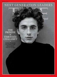 Close-up portrait of actor Timothee Chalamet wearing a black turtleneck on a magazine cover shot by Ruven Afanador