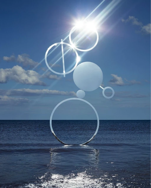 Ocean art installation with geometric shapes under a bright sun against a blue sky with light clouds and reflective surface in ocean.