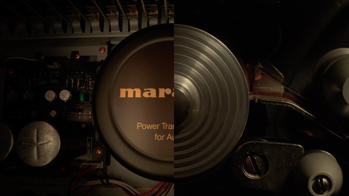 A close-up shot shows the interior of an audio amplifier with electrical components and the Marantz logo. Dark, moody lighting.