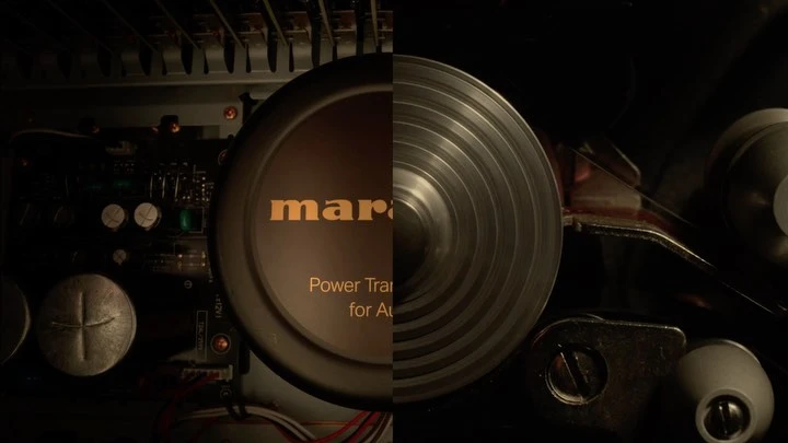 A close-up shot shows the interior of an audio amplifier with electrical components and the Marantz logo. Dark, moody lighting.