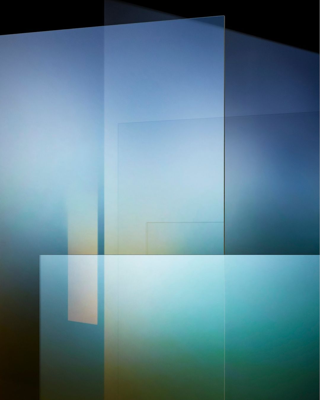 Abstract composition of overlapping transparent planes with a gradient of teal and blue, creating a modern, ethereal aesthetic.