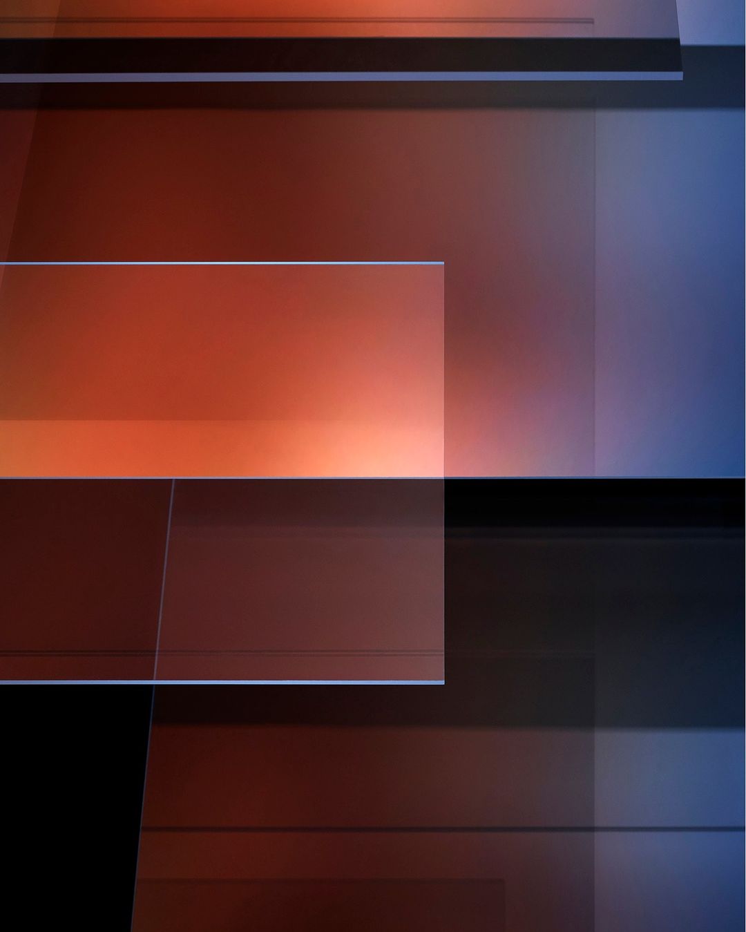 Abstract digital art with overlapping rectangles in shades of orange, brown, and blue. Geometric shapes create a modern, layered visual effect.