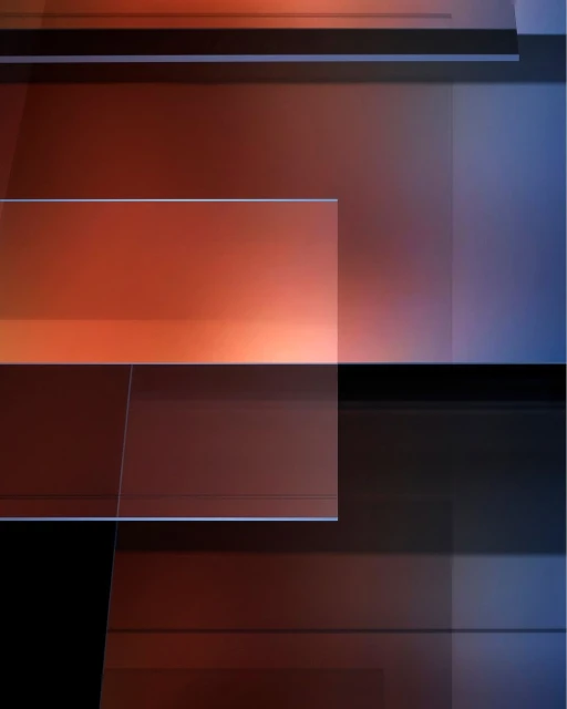 Abstract digital art with overlapping rectangles in shades of orange, brown, and blue. Geometric shapes create a modern, layered visual effect.