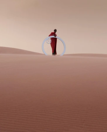 A single person in a red robe stands with a circular white prop in a minimalist desert landscape with orange-tinted sky and sand dunes.