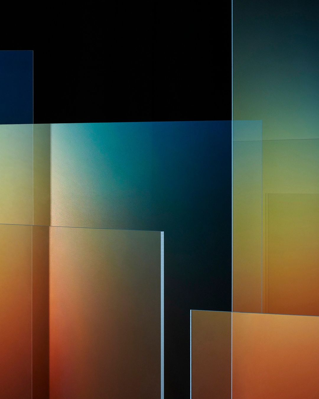 Abstract composition featuring layered translucent panels with a gradient of warm and cool colors against a dark background, creating depth.