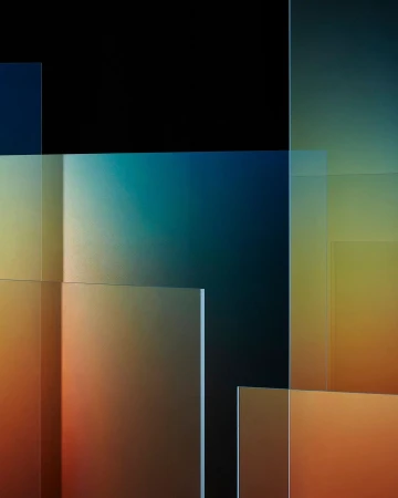 Abstract composition featuring layered translucent panels with a gradient of warm and cool colors against a dark background, creating depth.