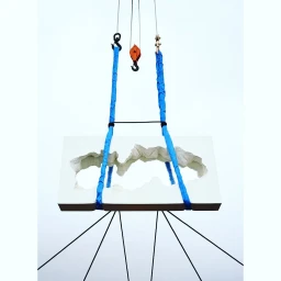 A white slab with an irregular cutaway center suspended in midair by blue lifting straps and steel cables against a white sky.