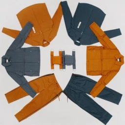 Overhead studio flat lay of orange and grey jackets and trousers arranged in a circular pattern against a white background