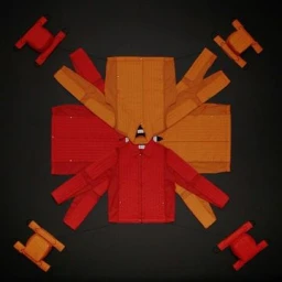 Overhead flat lay of red and orange padded jackets and accessories arranged symmetrically against a black background