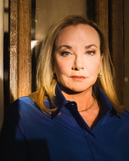 Close-up portrait of a mature adult female with blonde hair wearing a blue collared shirt and gold necklace, posing indoors.