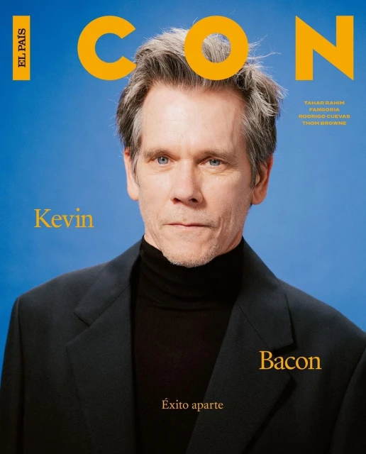 Kevin Bacon close-up portrait on ICON magazine cover, showcasing his face, suit, and the magazine's branding elements against a blue backdrop.