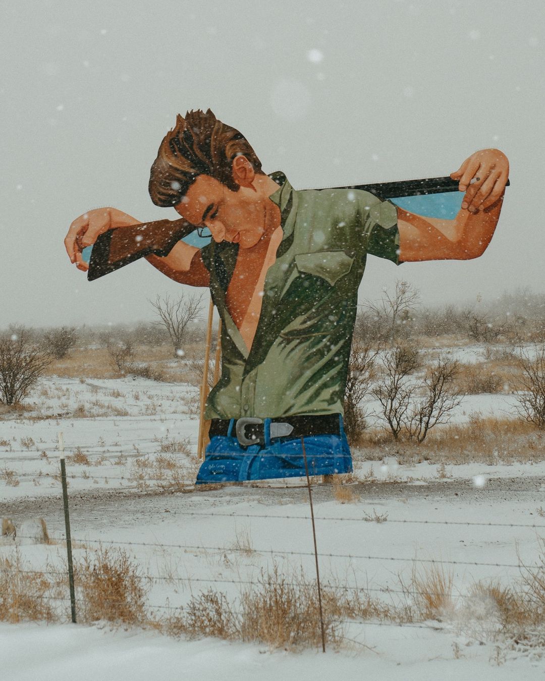 Illustration of a man with a rifle in a snowy field.  The man has brown hair and is wearing a green shirt and blue jeans.