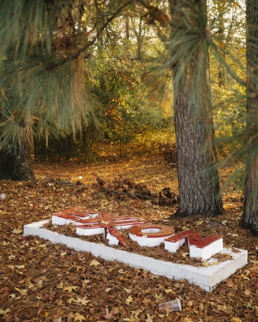 Abandoned roadside sign in a forest, surrounded by fallen leaves and framed by tree trunks, under a canopy of foliage in soft lighting.