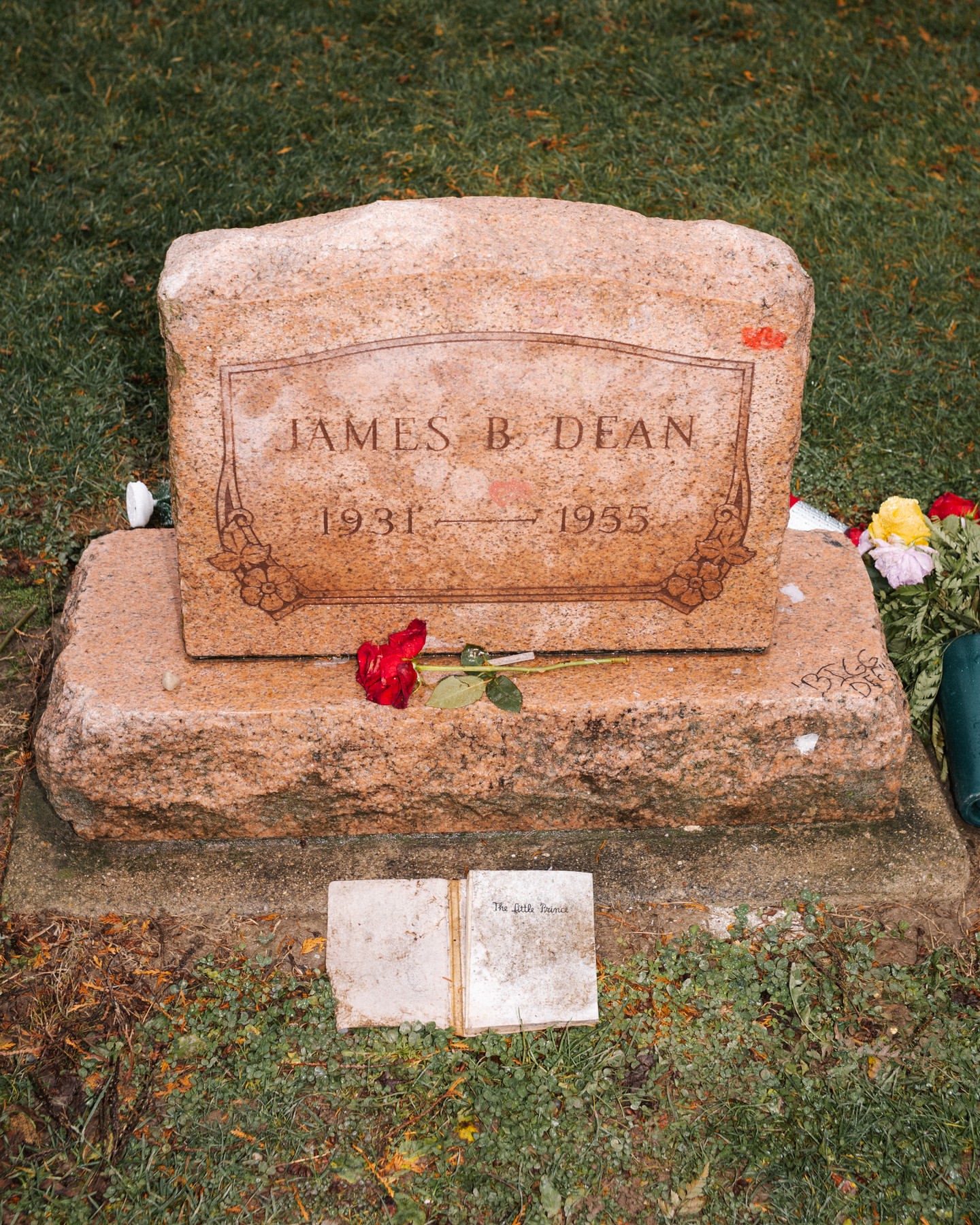 James Dean's grave marker with a rose and an open book with text lies on the ground in front of the tombstone on a grassy lawn.