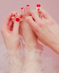 Close-up of hands applying toe separators to feet with red painted toenails submerged in pink water by Ryan Lowry