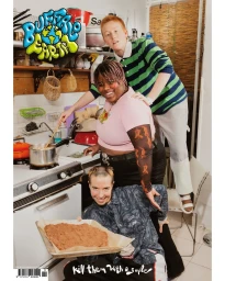 Three young people posing in a domestic kitchen, holding cooking utensils and food, captured by photographer Ryan Lowry.