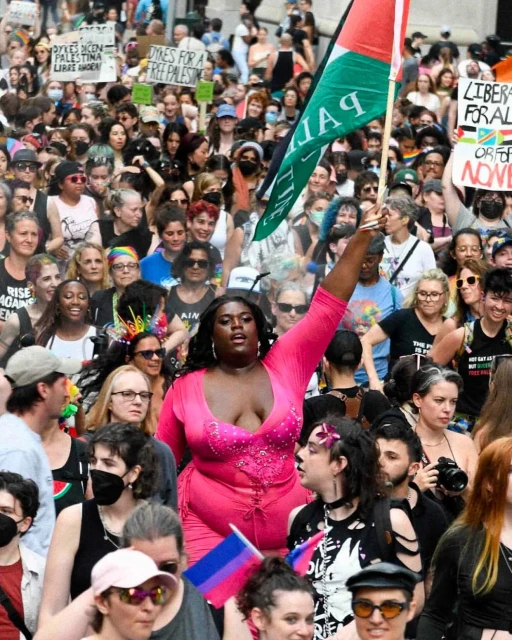 Large group of people at an outdoor rally, holding signs and flags; focus on an adult in pink with arm raised.